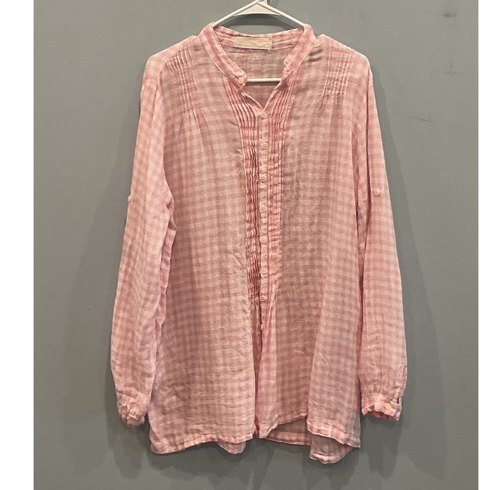 CP Shades Womens Gauzy Linen Button Down Shirt M Pink Gingham Pintuck Lagenlook
